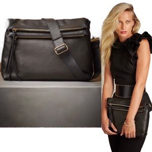 MARGOT Double Zip Black All Leather ‘Mickey’ Shoulder Clutch Crossbody Bag